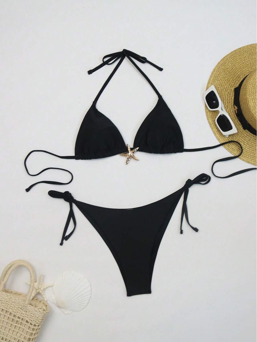 2pcs/Set New Removable Padded Halter-Neck Swimsuit, Metal Starfish Decor, Elegant Sexy Beach Party Bikini, Fashion Women Summer Beach Bikini,Removable Swimwear Pads,Summer Dresses For Women,Summer Clothes Women,Festival,Skirts,Ibiza Outfits,Swimwear Women,Bikini Set,Swimming Costume Women,Beach Wear Women,Holiday Co Ord,Beach Dress,Bikinis For Women Sets,Swimsuit - Black - View 1