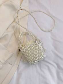 Women's Acrylic Beaded Chain Strap Crossbody Bag, Fashionable Mini Bucket Bag, Versatile - White - View 7