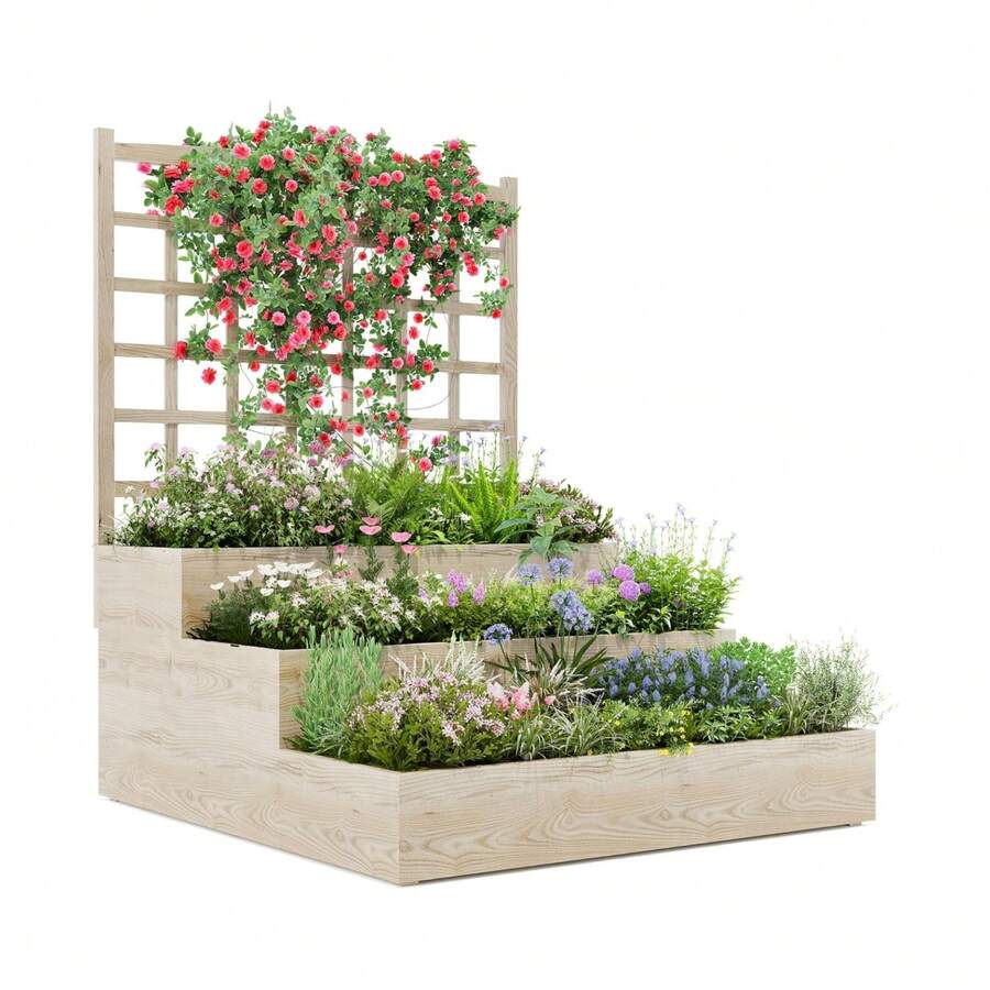 3-Tier Wooden Raised Garden Bed – Vertical Planter Box With Trellis & Ventilated Base For Climbing Plants, Flowers, Herbs & Vegetables – Outdoor Elevated Planter For Patio, Yard Or Lawn - 黃色 - 查看 1