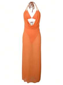 Robe longue ajustée à col drapé profond et ajouré sexy, col drapé en maille. Parfait pour les fêtes d'anniversaire, les plages et comme cache-maillot