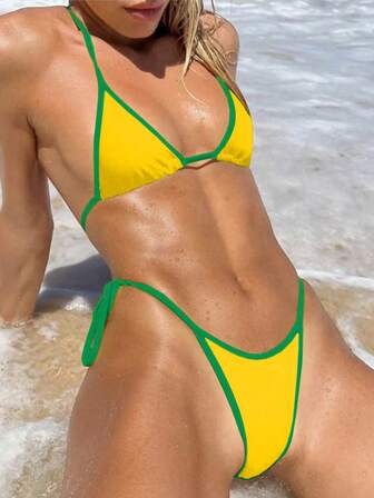 两件套女士泳衣，黄蓝撞色系带露脐上衣和系带比基尼泳裤