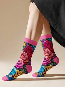 1 Pair Multicolor Rose Pattern Socks, Vibrant Rose Design Suitable For Any Occasion, 360 Digital Printing Mid-Calf Socks With Random Floral Prints, Nordic Style, Polyester, Seasonal, Fall - Multicolor - View 1