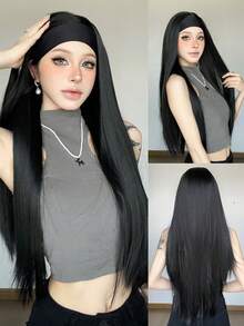 26 英寸长合成棕色交织（黑色）高光假发头带，耐热丝滑直发带假发，适合女士、圣诞节万圣节节日假发、日常派对角色扮演