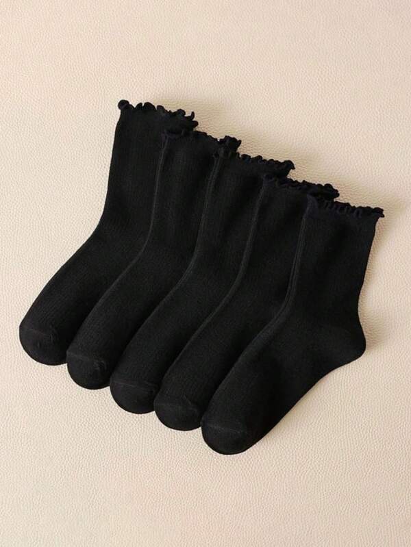 5pairs Mid-Calf Socks With Solid Black Stripes And Ruffled Edges, Which Are Suitable For Home, Travel, Vacation And All Seasons.