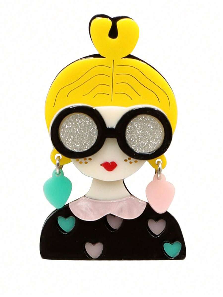1pc Women Fashion Heart-Shaped Glasses, Earrings, Acrylic Brooch, Accessory For Clothes, Backpacks - Yellow - View 1