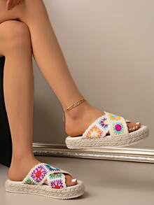 Women's Sunflower Criss-Cross Woven Sandals, Sweet Summer Casual Flat Open Toe Slippers For Outdoor Wear - White - View 7