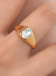 1pc Retro Stainless Steel Green, Red, Yellow, Blue, White, Black Zirconia Gold Color Rings, Vintage Style Women Jewelry, Suitable For Summer