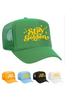 1顶Y2K印花“Stay Golden”抽绳网眼棒球帽，透气可调节女士高尔夫遮阳帽，时尚弯檐男士遮阳帽，Y2K情侣遮阳帽，夏季、海滩、度假、旅行 - 印刷 - 查看 10