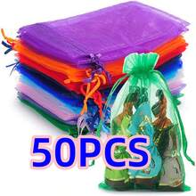 50pcs Organza Gift Bags 5-Colors Mixed, Colorful Mesh Bags With Satin Ribbon Drawstring Candy Bags, Baked Packaging Bags, Jewelry Packaging Gift Supplies Bag, Event & Party Supplies Gift Mesh Bags, Suitable For Various Festivals, Celebration Activities, Outdoor Parties, All Seasons Can Be Used, Also Can Be Used For Fruit Insect-Proof Bags, Back To School Valentine Day - Multicolor - View 7