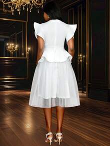 Vestido de novia, vestido de fiesta, vestido de graduación de mujer con mangas cortas con volantes, Body evasé de tul y longitud midi