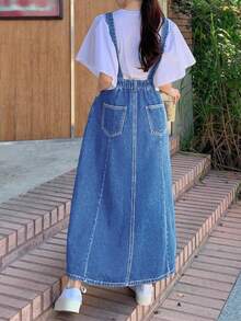 Women Casual Pocket Maxi Length Denim Dungaree Dress - Medium Wash - View 7
