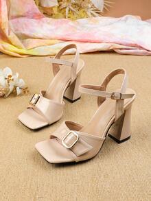 Women's Elegant Peep Toe Buckle Strap Chunky Heeled Sandals, Apricot,Summer Shoes - Apricot - View 5