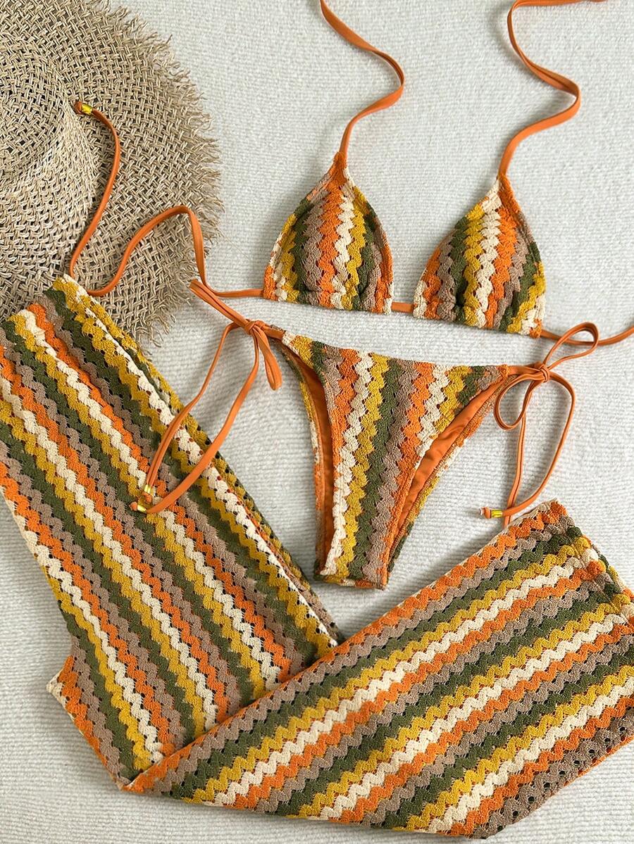 Summer Beach Vacation 3pcs For Women:Featuring A Wave Patterned Triangle Bra,Paired With Loose Long Pants Bikini Set - Multicolor - View 1
