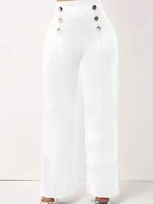 UREREM Damen Hose mit hoher Taille, Metall Schnallen Dekor, geradem Bein, 200G Strickstoff, lässig elegant, weites Bein, minimalistischer Stil, höhenverstärkend, weiß - Weiss - Übersicht 2
