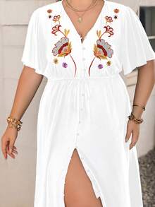 Rusttydustty Boho-Stil Damen Große Größen Schwarzes Kleid mit V-Ausschnitt, Kurzarm, Stickerei, Strandkleid für Musikfestivals am Meer, Strandoutfits für tropischen Urlaub, Ostern - Weiss - Übersicht 9