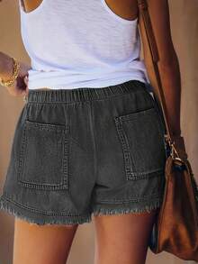 女士弹力腰带毛边牛仔短裤，休闲度假风夏季 - 灰色 - 查看 2