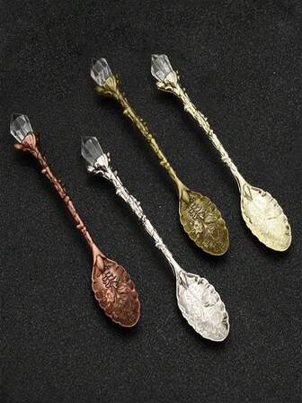 1/5/10 piezas Cucharas de postre, café, helado y pastel con flor hueca de de estilo vintage talladas en aleación con hojas, estilo nórdico, creativo, de vuelta a la escuela