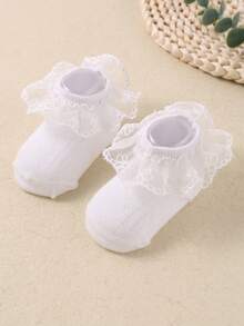 1 双白色柔软透气花卉蕾丝公主风格女童袜子 - 白色 - 查看 6