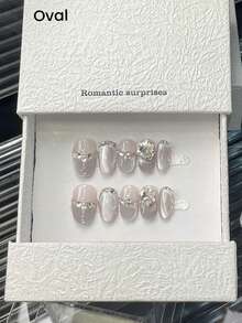 10Pcs Square & Round Shaped Short Glass Pearl Accent Nail Stickers, Delicate Glitter Cat Eye Design, Versatile For Daily, Festive And Occasions Press On Nails Nail Supplies Nails - Silver - View 8