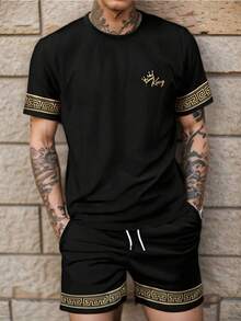 男士新款印花短袖T恤和短裤套装，适合夏季的休闲风格 - 黑色 - 查看 1