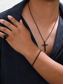 Set de joyería de 3 piezas con colgante, pulsera y anillo de cruz de acero inoxidable simple, estilo casual de calle, regalo ideal para novio, esposo en cumpleaños, aniversario