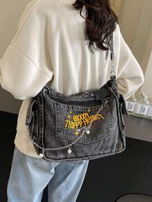 Casual Y2K Style Chic Soft Jeans Tote Bag Street Style Chain Letter Pattern Shoulder Bag Large Capacity Crossbody Bag - Dark Grey - View 5