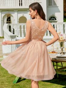 MIUSOL Deep V-Neck Sequin Lace Contrast Color Mesh Ruffle Hem Cocktail Dress, Summer Women's Apparel, Shiny Formal Dress, Suitable For Birthday Party, Graduation Ceremony, Gala Dinner And Other Occasions - Champagne - View 3