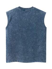 Shwiy 男士休闲巴西印花水洗复古效果黑色极简字母图案无袖背心，适合日常穿着，可作为男友礼物 - 藍色 - 查看 2