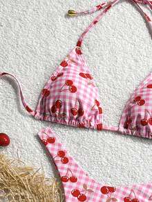女士沙滩泳装樱桃格纹印花三角比基尼可爱度假女孩泳衣 - 粉色 - 查看 4