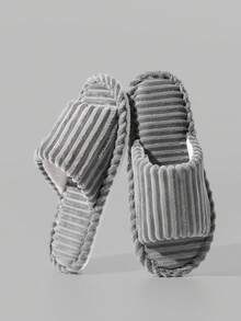 男士简约条纹露趾拖鞋，室内防滑卧室休闲毛绒面料拖鞋，男女通用，适合所有季节 - 灰色 - 查看 1