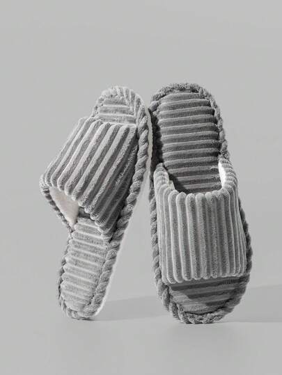 男士简约条纹露趾拖鞋，室内防滑卧室休闲毛绒面料拖鞋，男女通用，适合所有季节