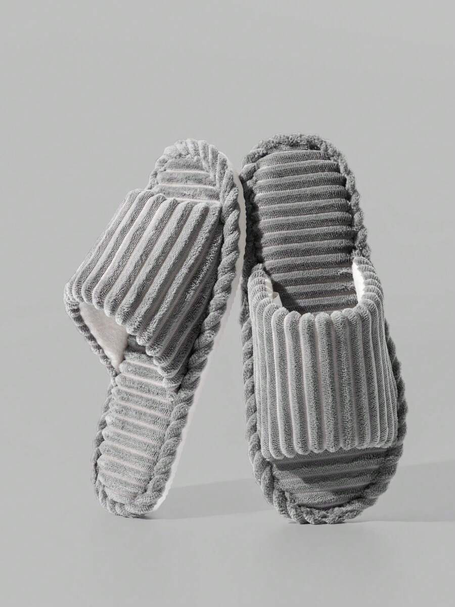 男士简约条纹露趾拖鞋，室内防滑卧室休闲毛绒面料拖鞋，男女通用，适合所有季节 - 灰色 - 查看 1