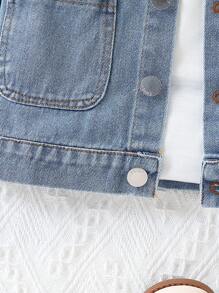 Girls' Fashionable Ruffle Collar Denim Jacket With Long Sleeves, Dual Pockets & Buttons, Suitable For Outdoor & Daily Wear, Spring/Autumn