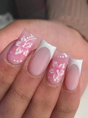24Pcs Long Square Flower Nail Designs French Tip Press On Nails Medium Acrylic Fake Nail Set,Contain 1Pc Jelly Glue And 1Pc Nail File,Flower Nails & French Tip Press On Nails Art For Woman Girl Daily Work Wear Rave Party Use Nail Supplies Nails