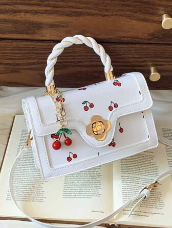 Bolso de mano de alta calidad y versátil con estampado de cerezas para mujeres, elegante bolso cruzado cuadrado pequeño, nueva llegada de primavera/verano