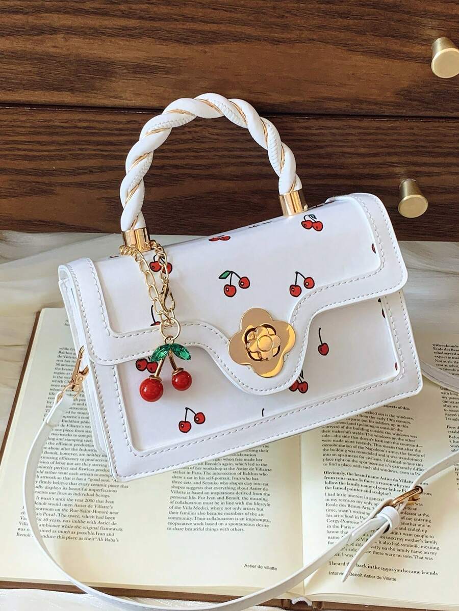 Versatile High-Quality Fashion Cherry Print Handbag For Women, Stylish Small Square Crossbody Bag, Spring/Summer New Arrival - Beige - View 1