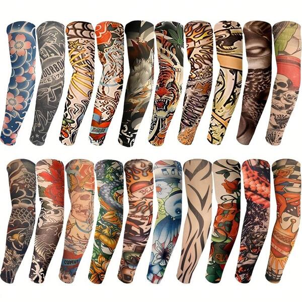 10 Stücke 3D realistische temporäre Tattoo-Armmanschetten, aus weichem, dehnbarem Nylon-Spandex-Kunstarm, geeignet für Herren und Damen, verwendbar für Halloween-Partys und Outdoor-Aktivitäten (Zufallsfarbe)