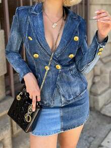 女士休闲水洗双排扣牛仔夹克-女士秋季服装