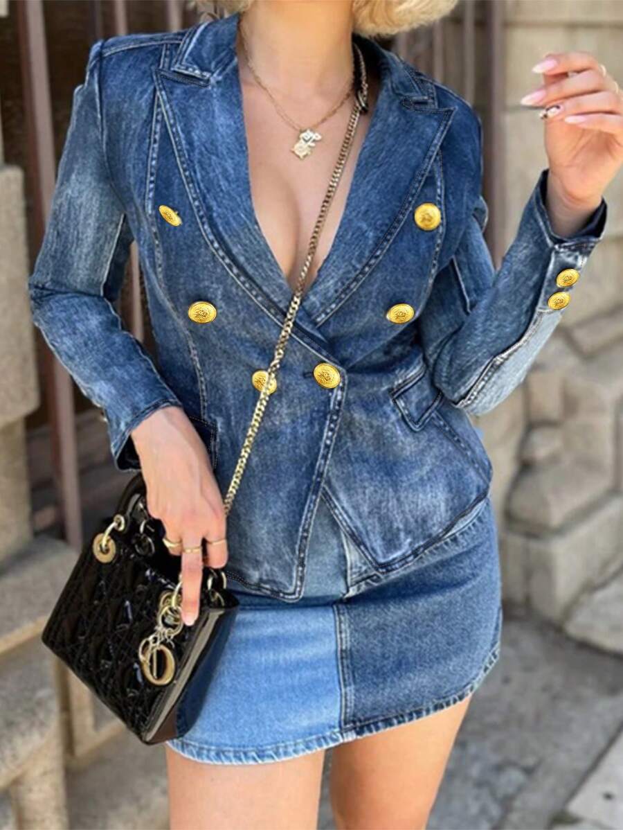 女士休闲水洗双排扣牛仔夹克-女士秋季服装