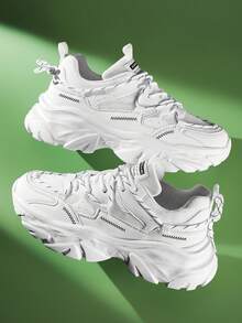 Men's Letter Print Lace-Up Sneakers, Wave Pattern Front Lace Design, Colorblock Chunky Casual Shoes - White - View 5