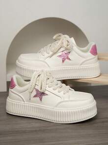 Zapatillas deportivas casuales con cordones y efecto color block para mujer, zapatos deportivos ligeros y versátiles con estampado de estrella para uso en exteriores - Rosa Fucsia - Ver 7