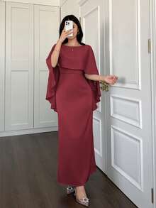 新年除夕斗篷式披肩优雅连衣裙 - 酒紅色 - 查看 1