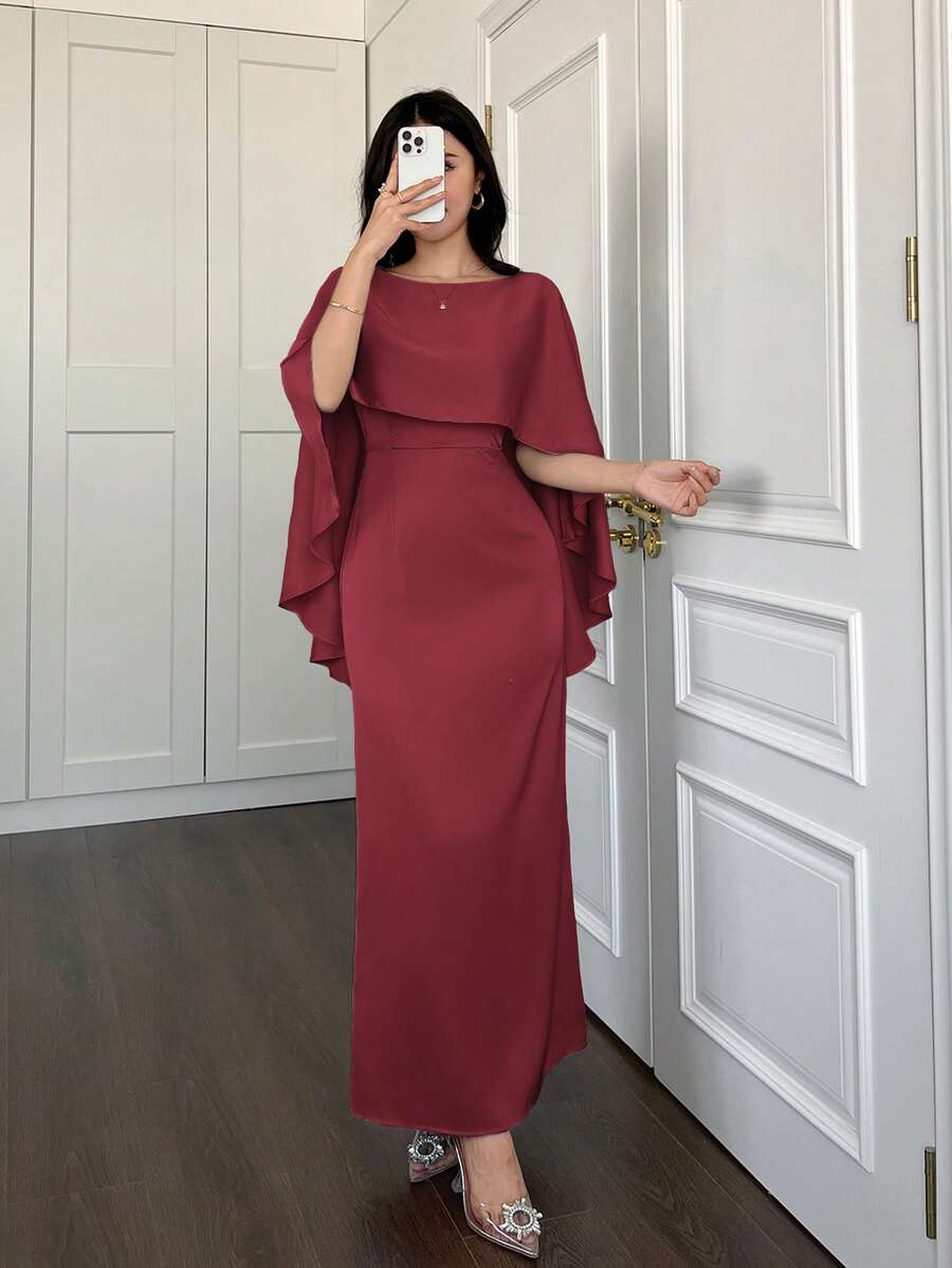 新年除夕斗篷式披肩优雅连衣裙 - 酒紅色 - 查看 1