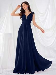 UNITHORSE V-Neck Ruffle Sleeve Pleated Leaf Net Mesh Splice Party Evening Dress (Random Cut), Bride Dress, Birthday Women Outfits, Graduation Dress, Formal Dress, Bridesmaid Dress - Navy Blue - View 5