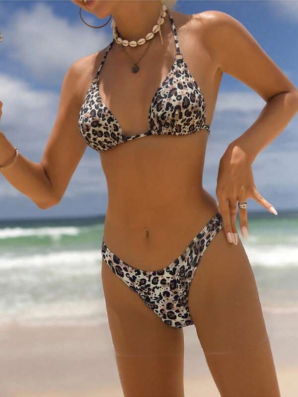 2 Stücke Sommer Leoparden Muster Dreieck Cup Halfter Tie-Side Bikini Set mit tiefer Taille