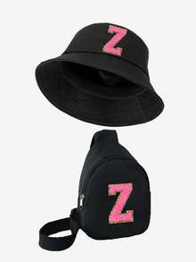 2 Pieces Letter Children's Bucket Hat, Stylish Simple Visor With A Shoulder Crossbody Bag, Suitable For Boys And Girls To Go Out Everyday.