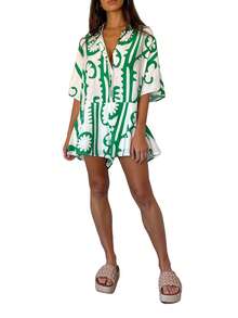 Mujeres abstracto impresión romper cuello en V manga corta botón abajo pantalones cortos de pierna ancha fluido traje de juego de ajuste suelto casual con bolsillos para vacaciones de verano playa cubierta resort estilo y salidas tropicales - Verde - Ver 3