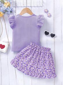 Conjunto de vacaciones para niña: Camiseta azul con estampado floral menudo con decoración floral en 3D + Falda con volantes y estampado floral menudo, estilo dulce para niñas, apropiado para actividades al aire libre y sesiones de fotos, talla 4-7 años, primavera/verano