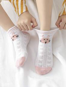 5 Pairs Heart & Rabbit Mesh Thin Kids Socks, "HAPPY, BABY" - Pink - View 4