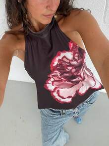 Women Y2k Floral Tie Top Coquette Boho Bow Backless Sleeveless Tank Top Summer Going Out Cami Top Fairy Streetwear - 黑色 - 查看 2